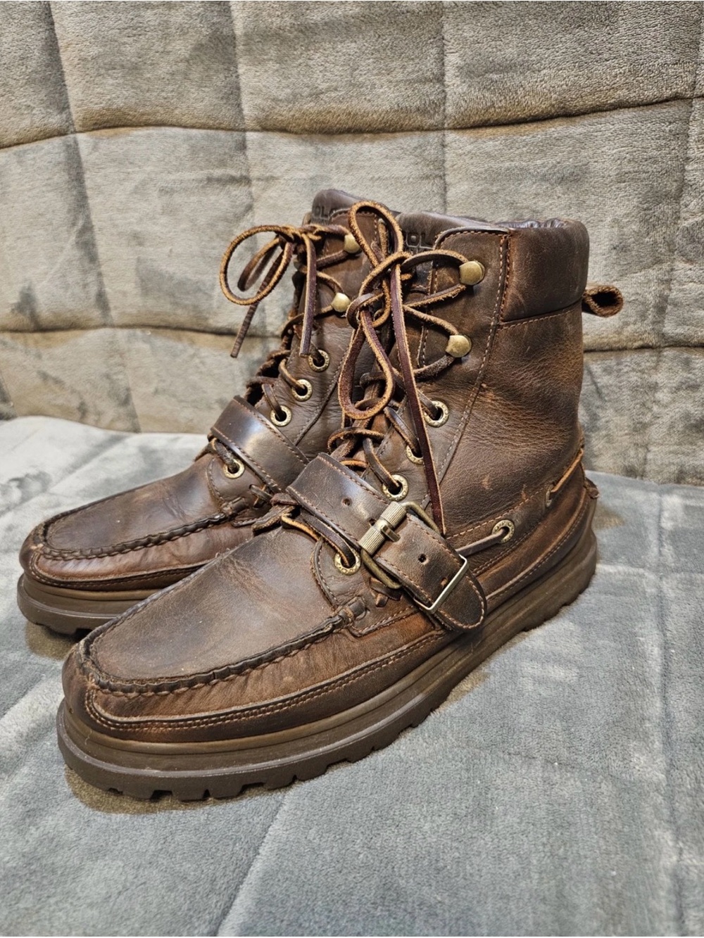 Polo by Ralph Lauren Brown Leather Moc Toe Lace-Up Boots with Buckle